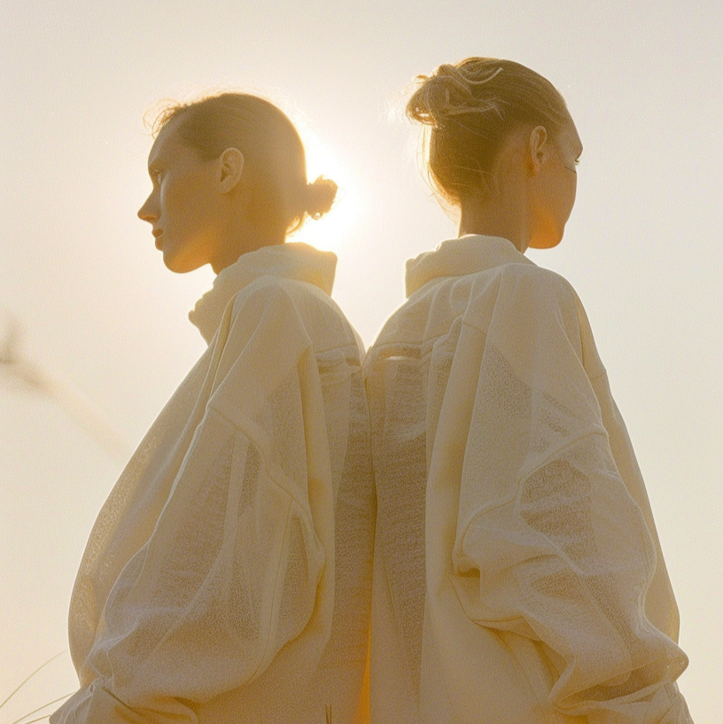 Two people in light-colored outfits standing back-to-back with a blurred background